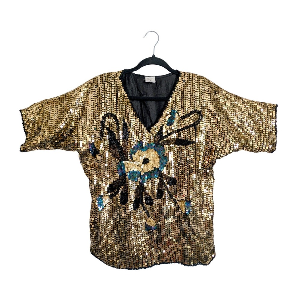 Vintage 80s Mid Century Disco Glam Gold Liquid Sequins Floral Silk Blouse